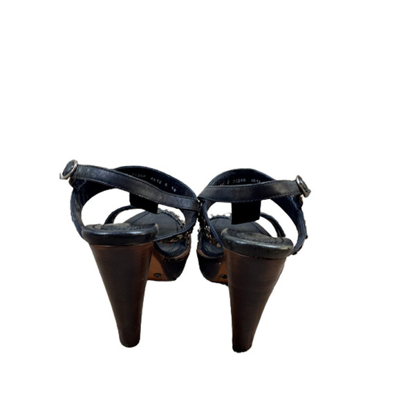 Frye "Joy" Black‎ Slingback Studded Leather T-Strap Stacked Heel Pumps Size 10B - Picture 5 of 10